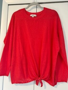 LOFT Bright Coral Tie-Hem Long Sleeve Light Summer Sweater